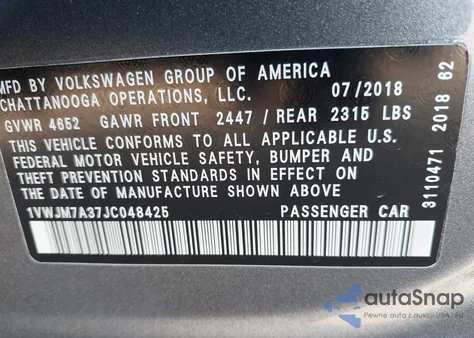 2018 Volkswagen Passat 3.6L V6 Gt z USA, uszkodzony, nr VIN 1VWJM7A37JC048425